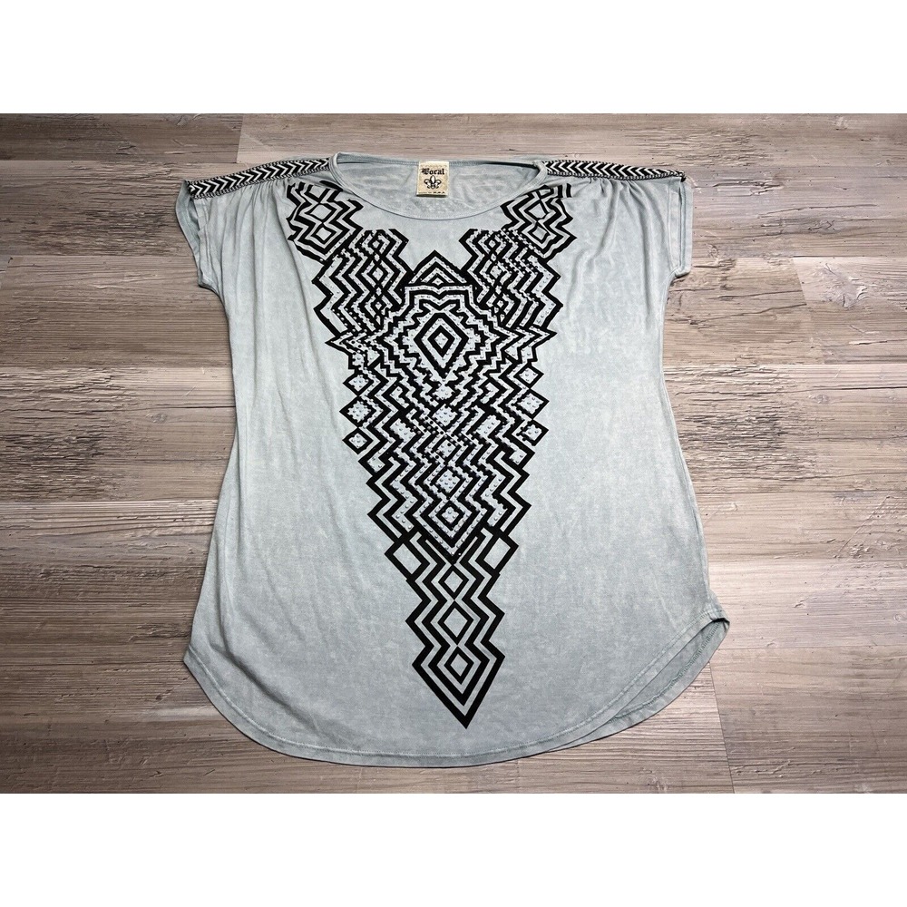 Vocal Womens Top Size S Blue Shirt Chevron Tribal Rhinestones Stud Short Sleeve